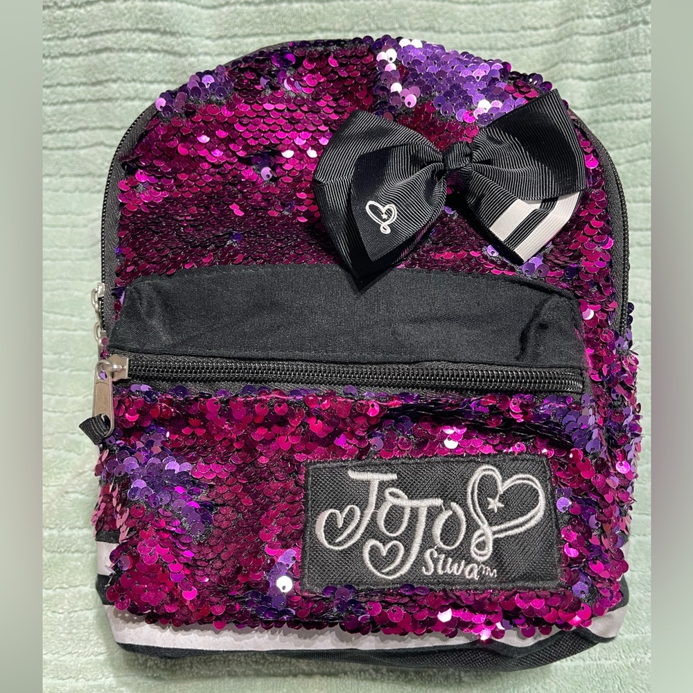 "JOJO SIWA" OFFICIAL MINI ZIP BACKPACK WITH 2-WAY SEQUINS IN PINK-PURPLE-BLACK.